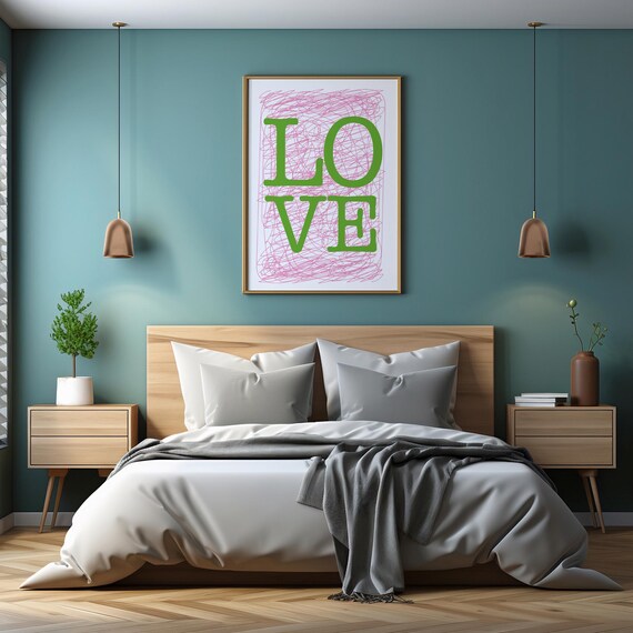 Love Green Serif Word Art Playful Pink Scribble Wall Decor Poster