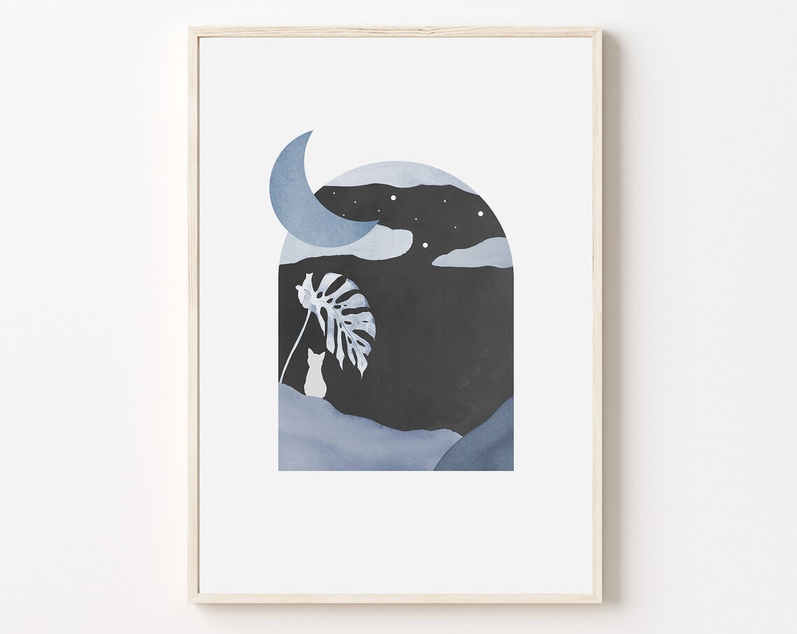 Celestial Moon and Cat Night Sky Watercolor Modern Art Poster