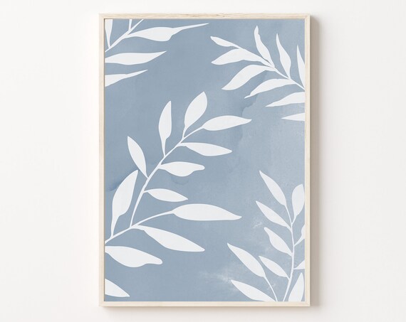 Blue White Tropical Plants Print Blue Leaf Print Nursery Wall Art Geometric Wall Art Abstract Art Print Minimalist Print Wall Decor