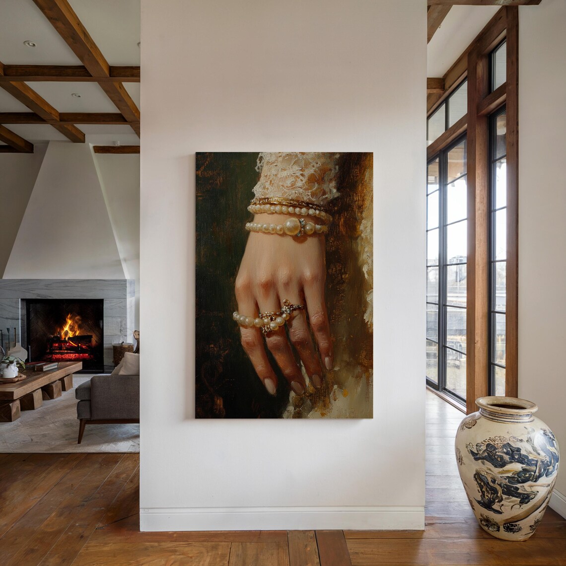Vintage Pearl Bracelet Hand Portrait With Lace Cuff Painterly Art Poster - Image 3