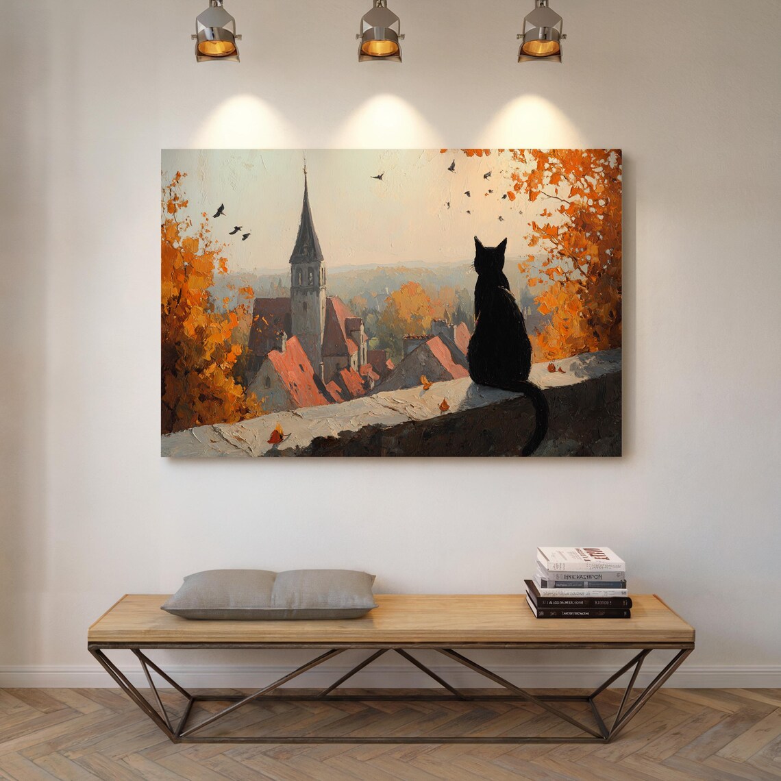 Black Cat Overlooking Autumn Village Church Steeple Painting Poster