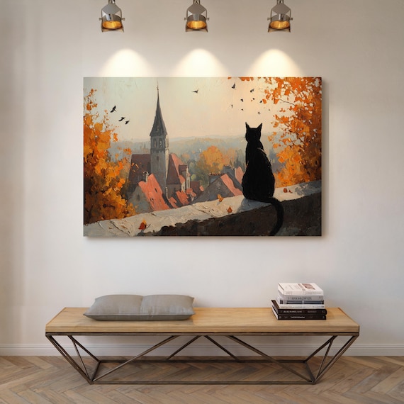Black Cat Overlooking Autumn Village Church Steeple Painting Poster