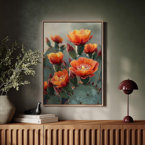 Blooming Prickly Pear Cactus With Orange Flowers Botanical Photo Print
