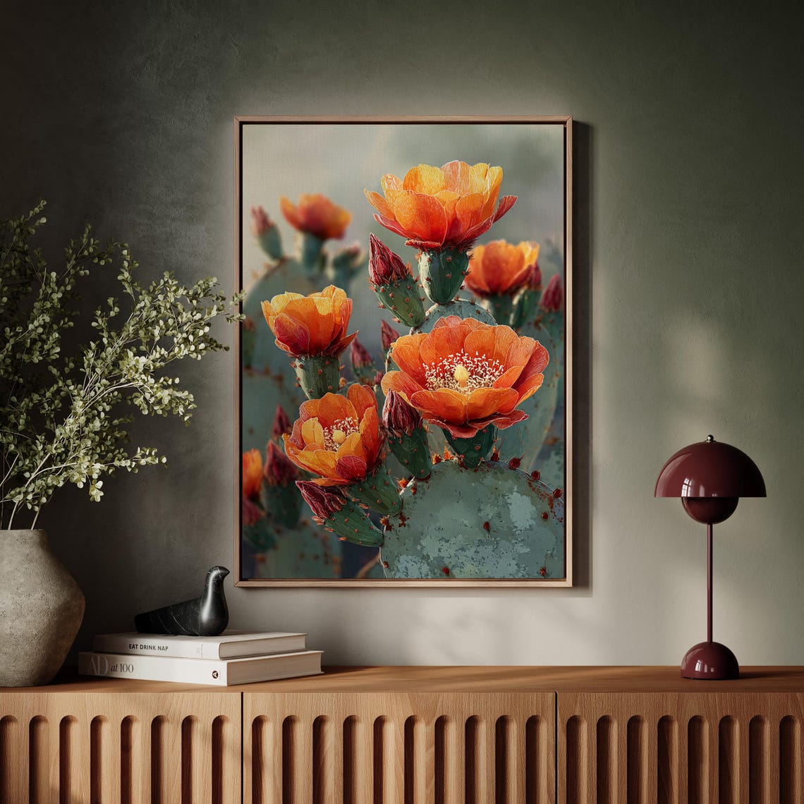 Blooming Prickly Pear Cactus With Orange Flowers Botanical Photo Print