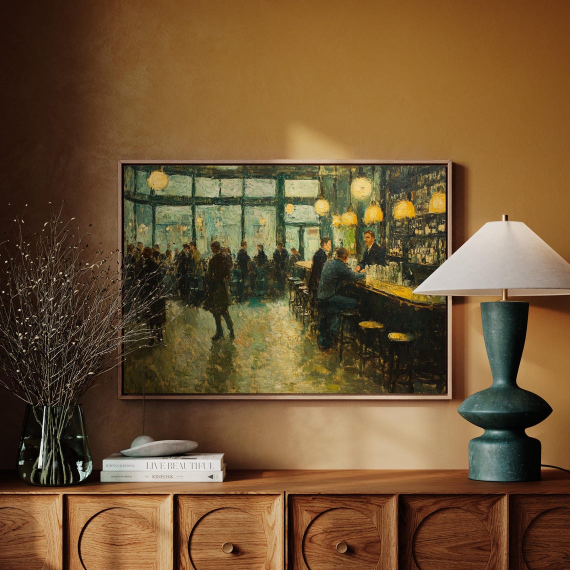 Vintage Barroom Night Scene Impressionist Patrons Painting Poster - Image 6