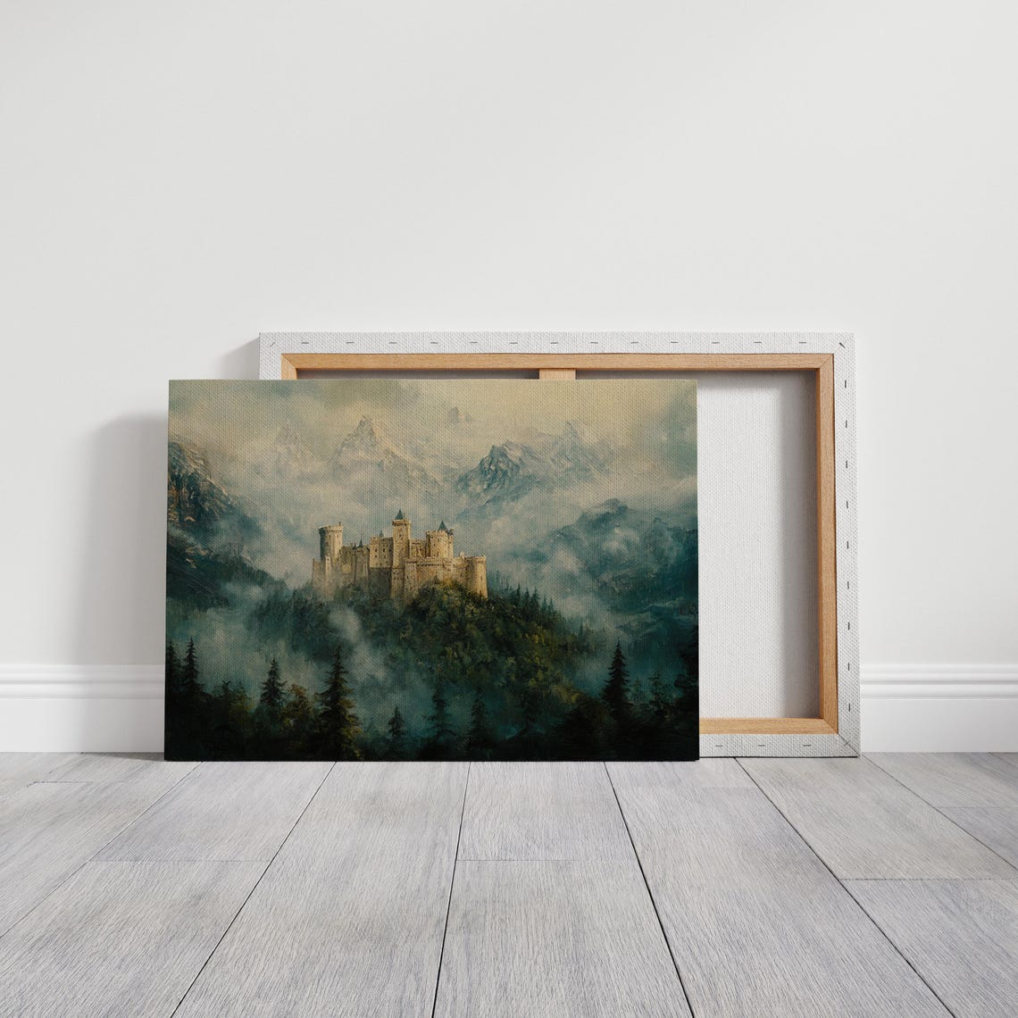 Medieval Castle on a Hill Above Mist with Snowy Mountain Peaks Poster - Image 3