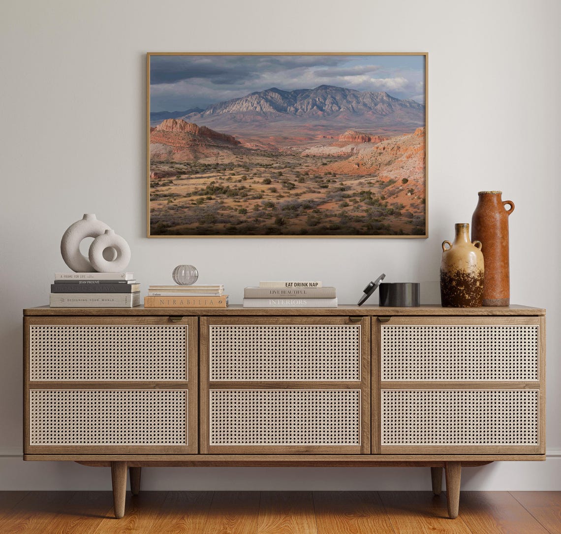 Red Rock Desert Canyon And Distant Mountains Landscape Poster