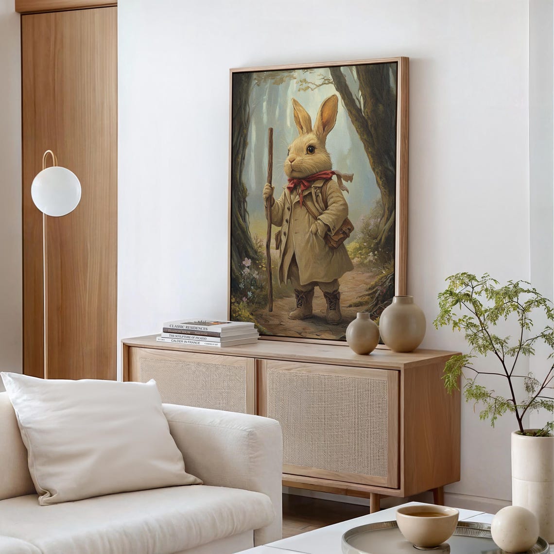 Adventurous Rabbit Traveler in Coat With Staff on Forest Path Poster - Image 5