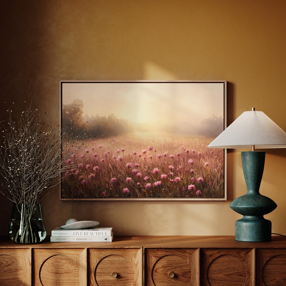 Sunrise Over a Pink Wildflower Meadow Romantic Floral Art Poster - Image 4