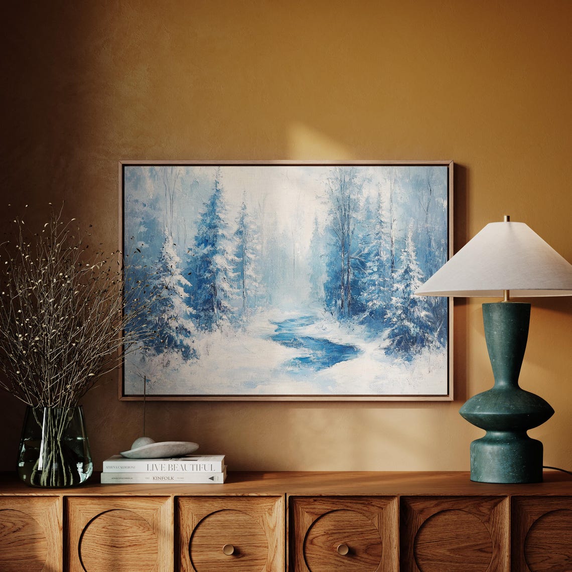 Winter Pine Forest With Misty Stream Snowy Landscape Wall Art