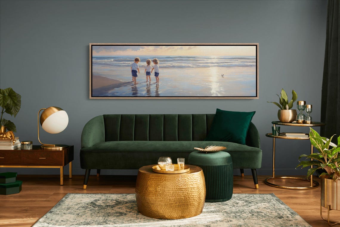Children Playing At Sunset Beach Shore Golden Reflection Art Poster - Image 2