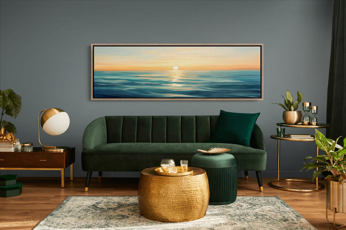 Painterly Ocean Sunset Golden Light Teal Waves Coastal Decor Poster