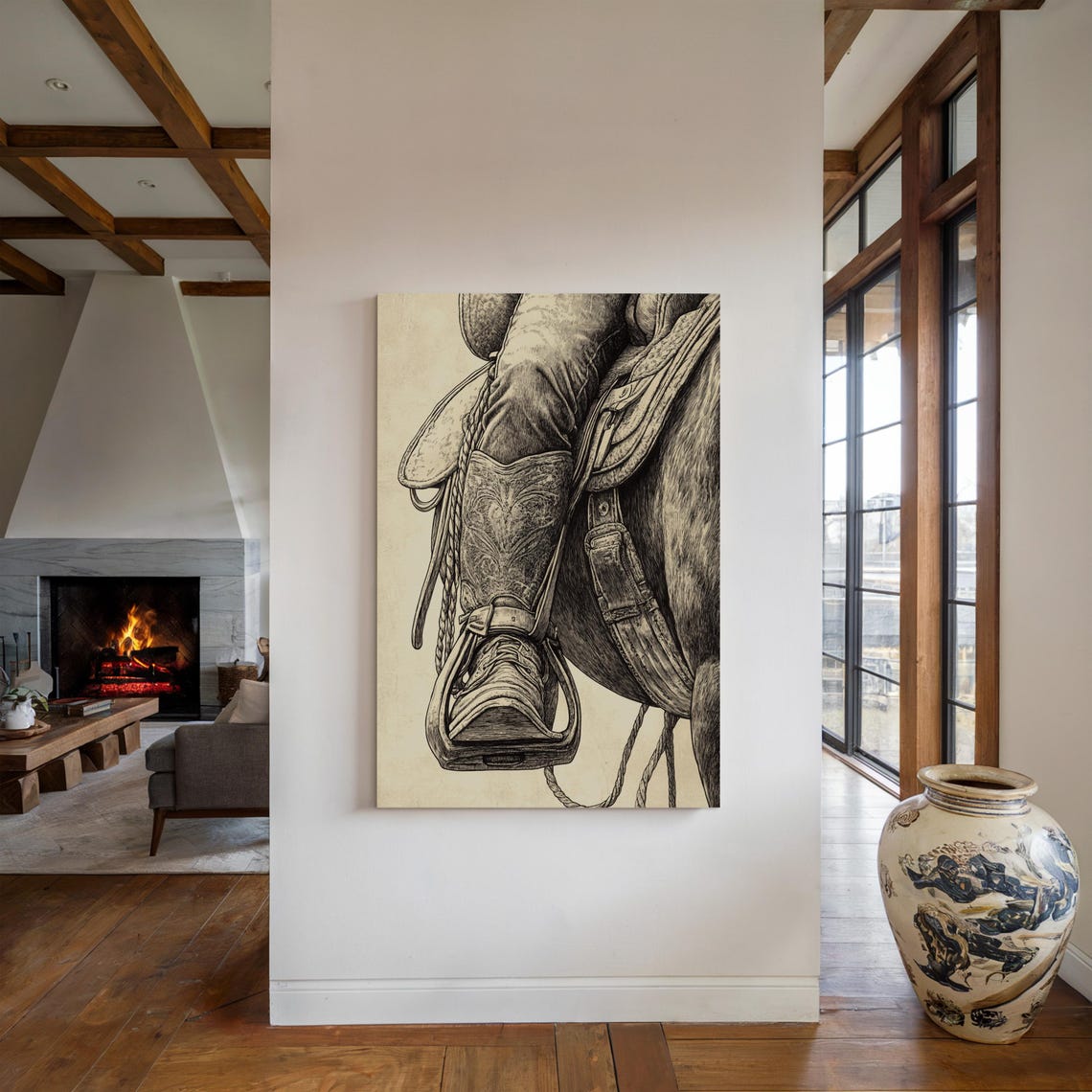 Detailed Cowboy Boot And Stirrup Ink Illustration Western Wall Art Print - Image 2