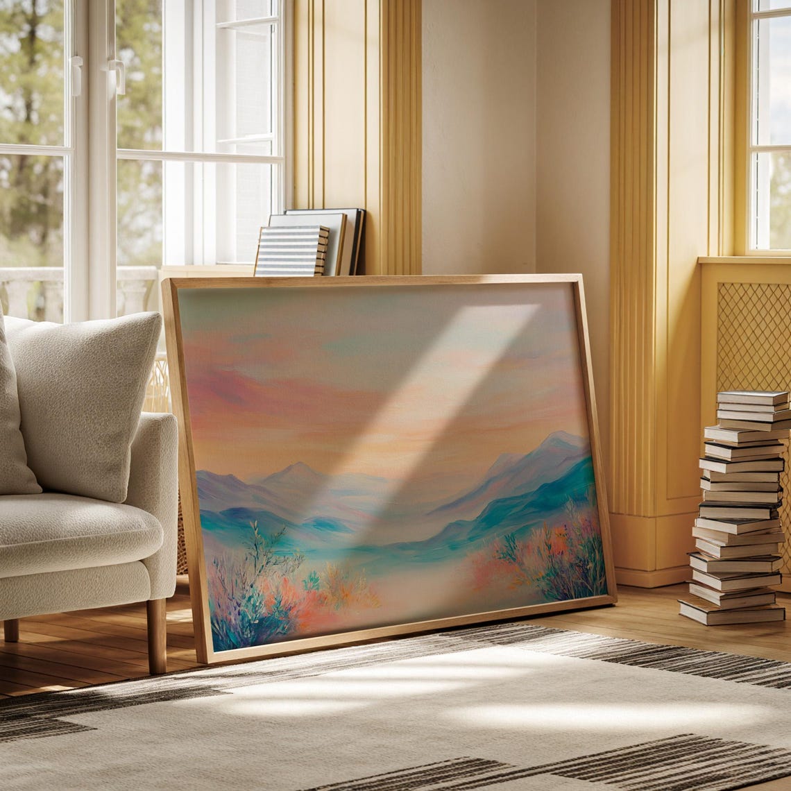 Pastel Sunrise Mountain Valley Soft Watercolor Landscape Poster - Image 6