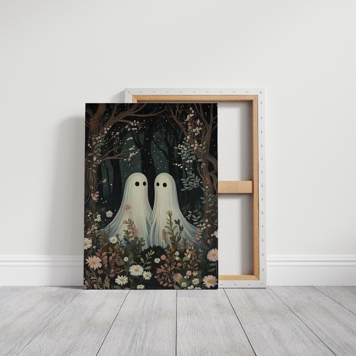 Ghost Couple In Moonlit Floral Night Forest Cute Spooky Halloween Poster - Image 2