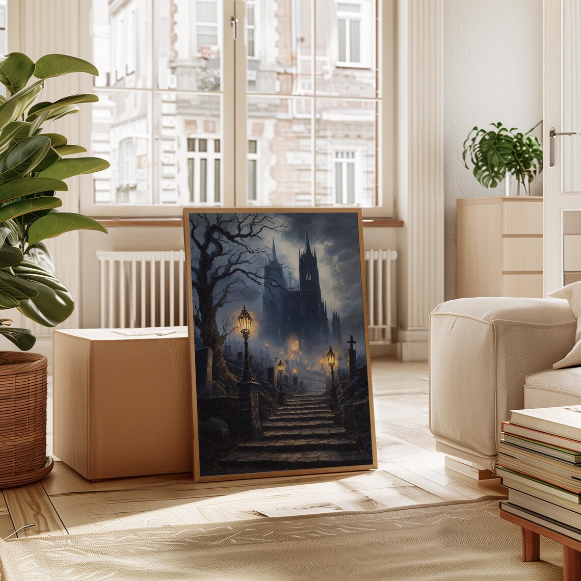 Haunted Gothic Cathedral Night Stone Steps Lamplight Misty Scene Wall Art