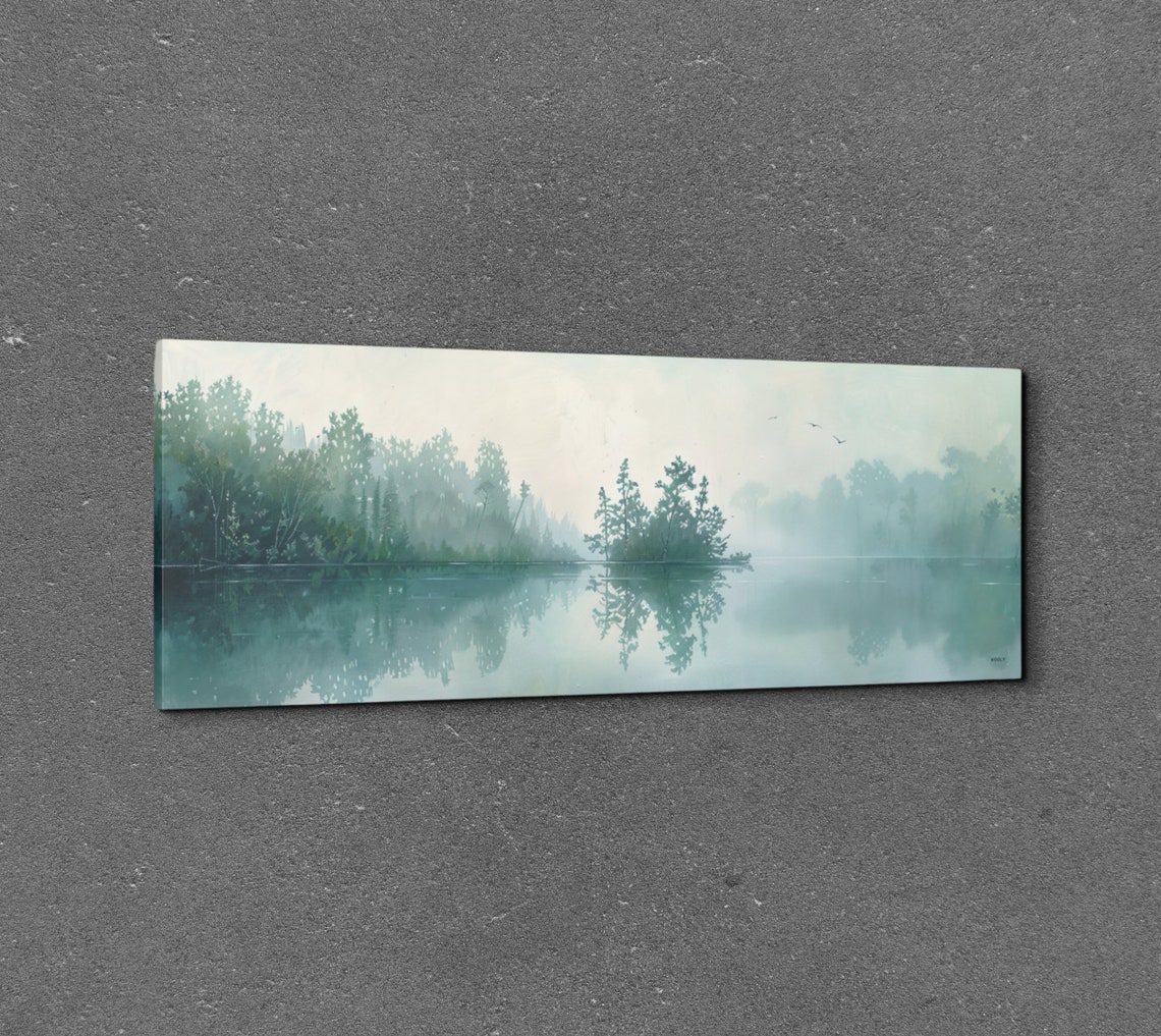 Teal Misty Lake With Green Forest Shoreline Panoramic Poster - Image 3