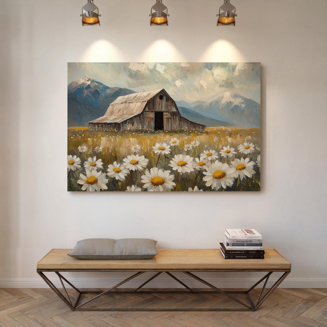 Rustic Old Barn In Daisy Field With Distant Mountains Wall Art - Image 6