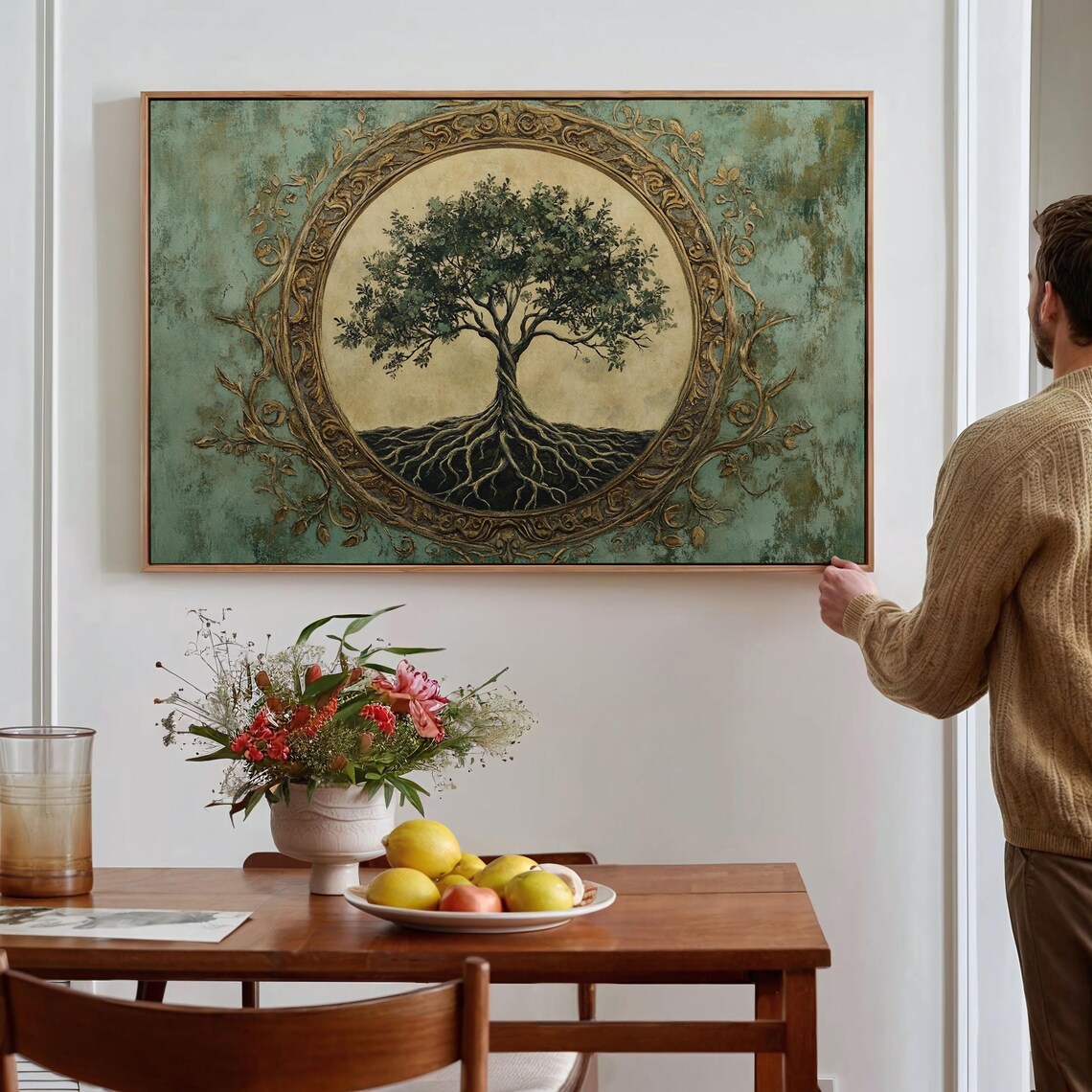 Tree Of Life In Ornate Golden Frame On Teal Textured Art Poster - Image 4