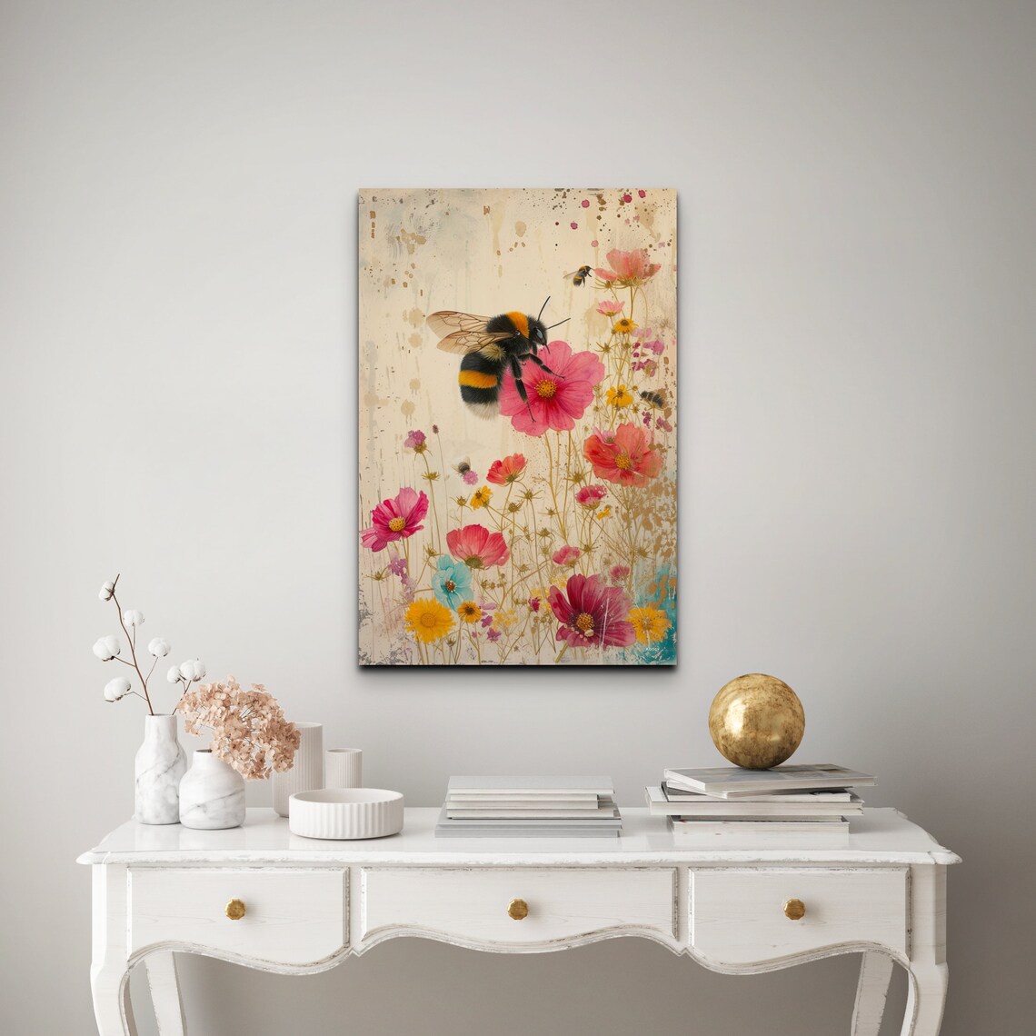 Bumble Bee Pink Wildflowers Watercolor Summer Meadow Garden Poster - Image 7