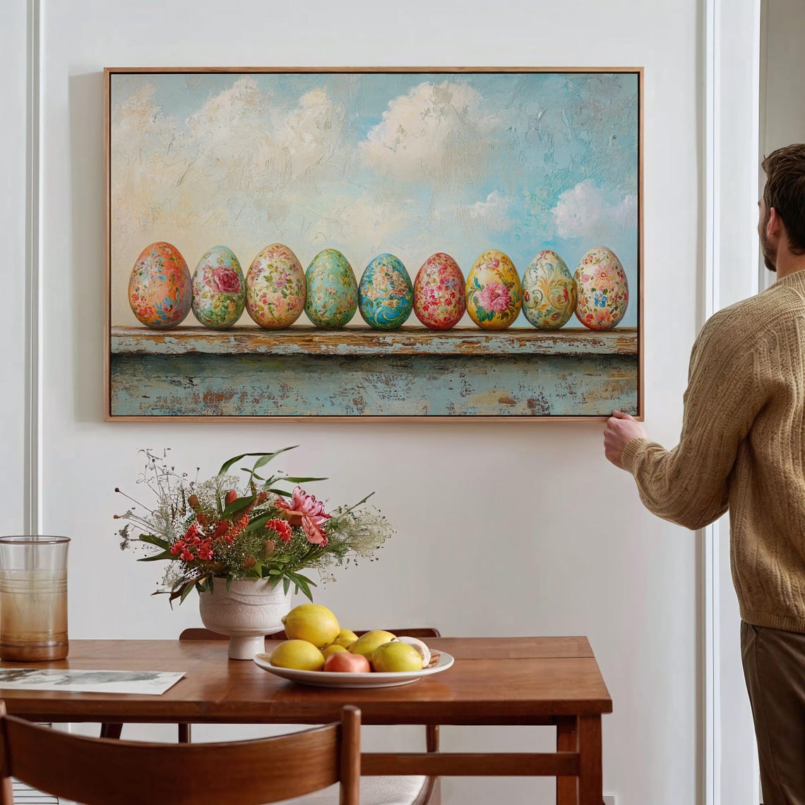 Nine Hand Painted Floral Easter Eggs on Rustic Wooden Shelf Poster - Image 3