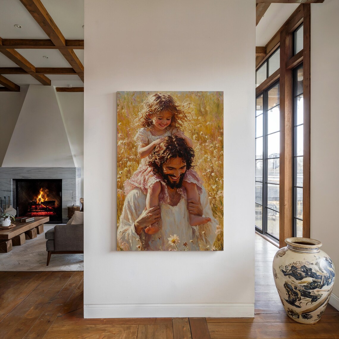 Jesus Carrying a Smiling Child on His Shoulders in a Flower Field Poster - Image 4