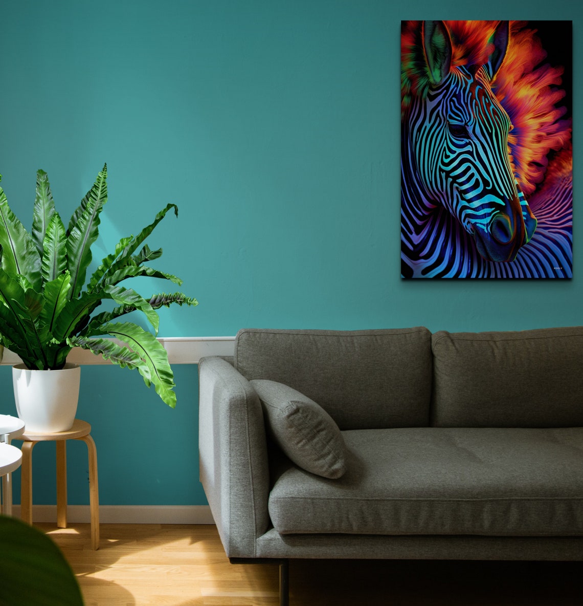 Neon Zebra Portrait Fiery Orange Mane Colorful Animal Wall Art - Image 5