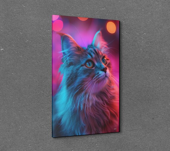 Long Haired Cat Neon Pink Blue Glow Portrait Moody Pet Poster