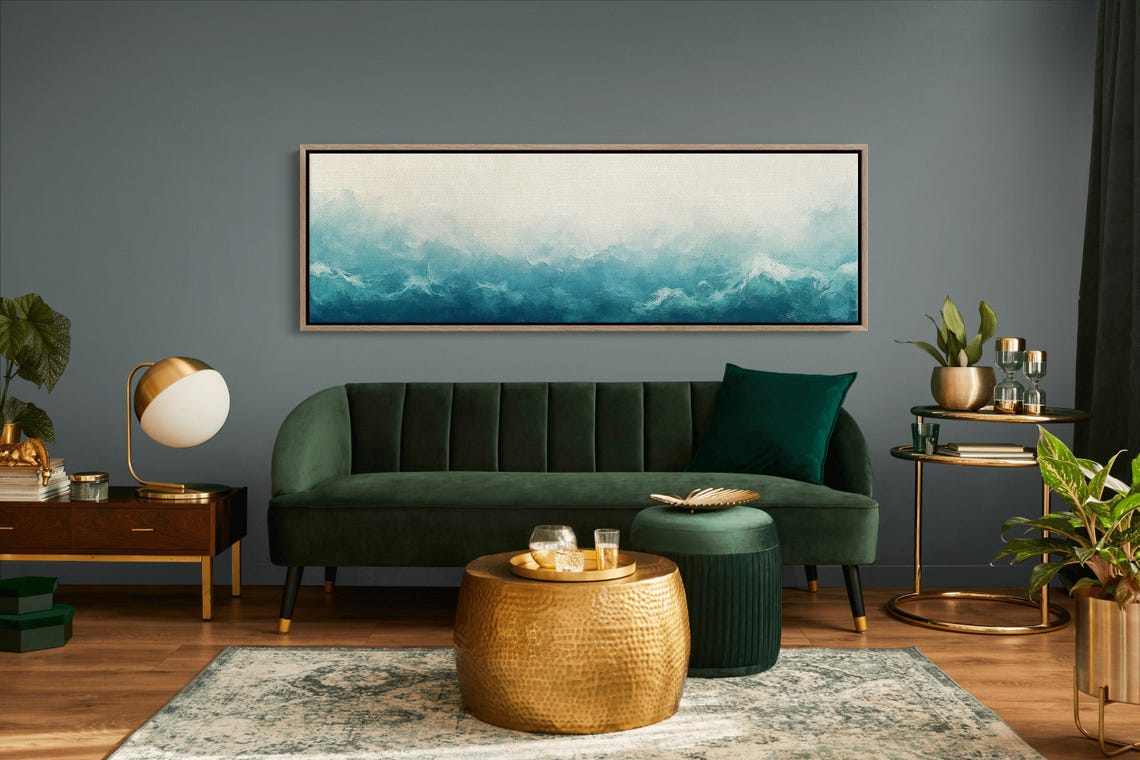 Abstract Teal Ocean Waves Under Pale Luminous Sky Panoramic Wall Art - Image 2