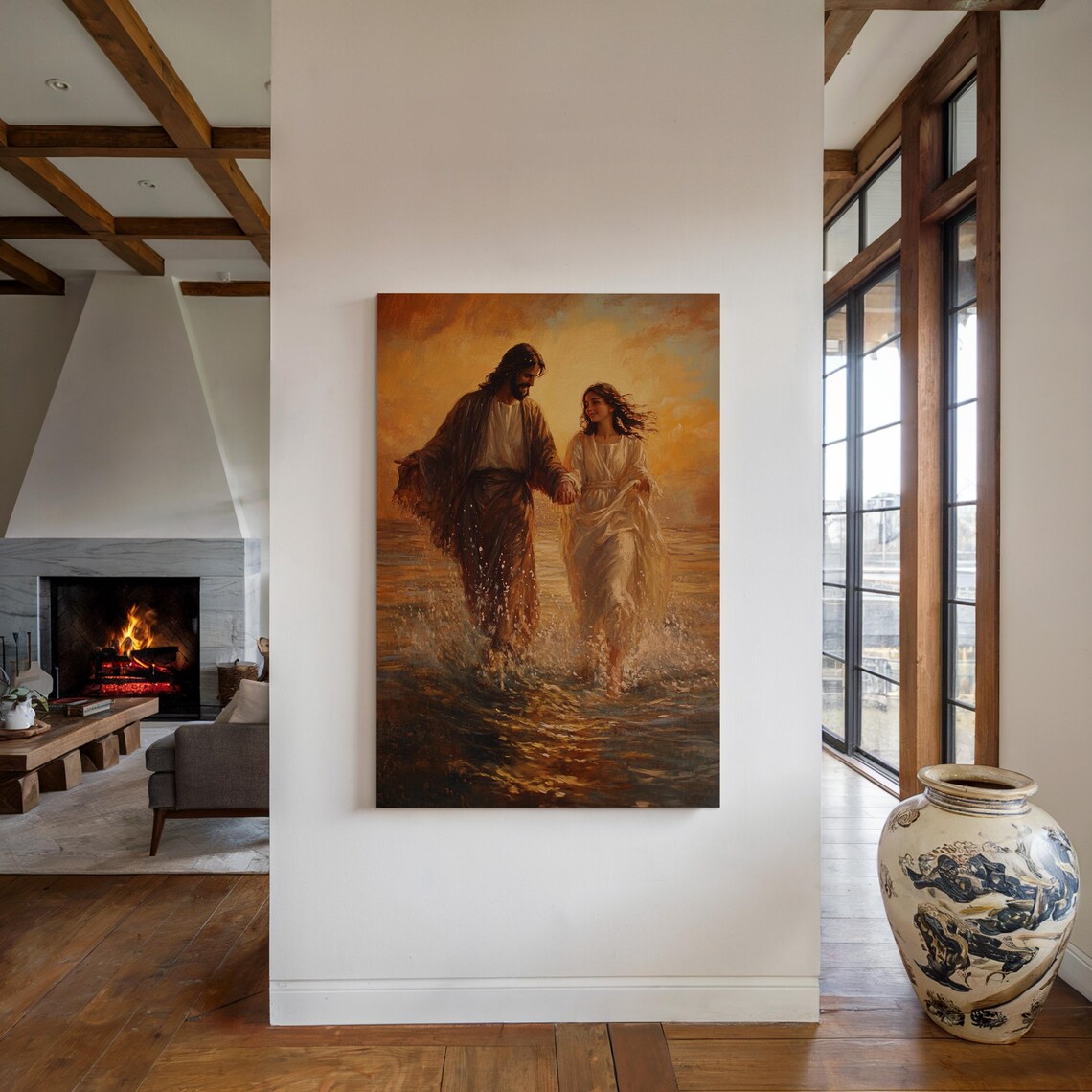 Jesus Walking On Water With Woman Sunset Christian Love Poster - Image 3