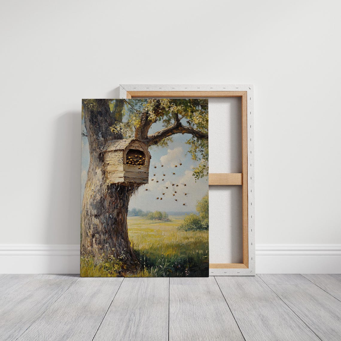 Rustic Bee Hive In Tree Country Meadow Bees Vintage Painting Poster - Image 3