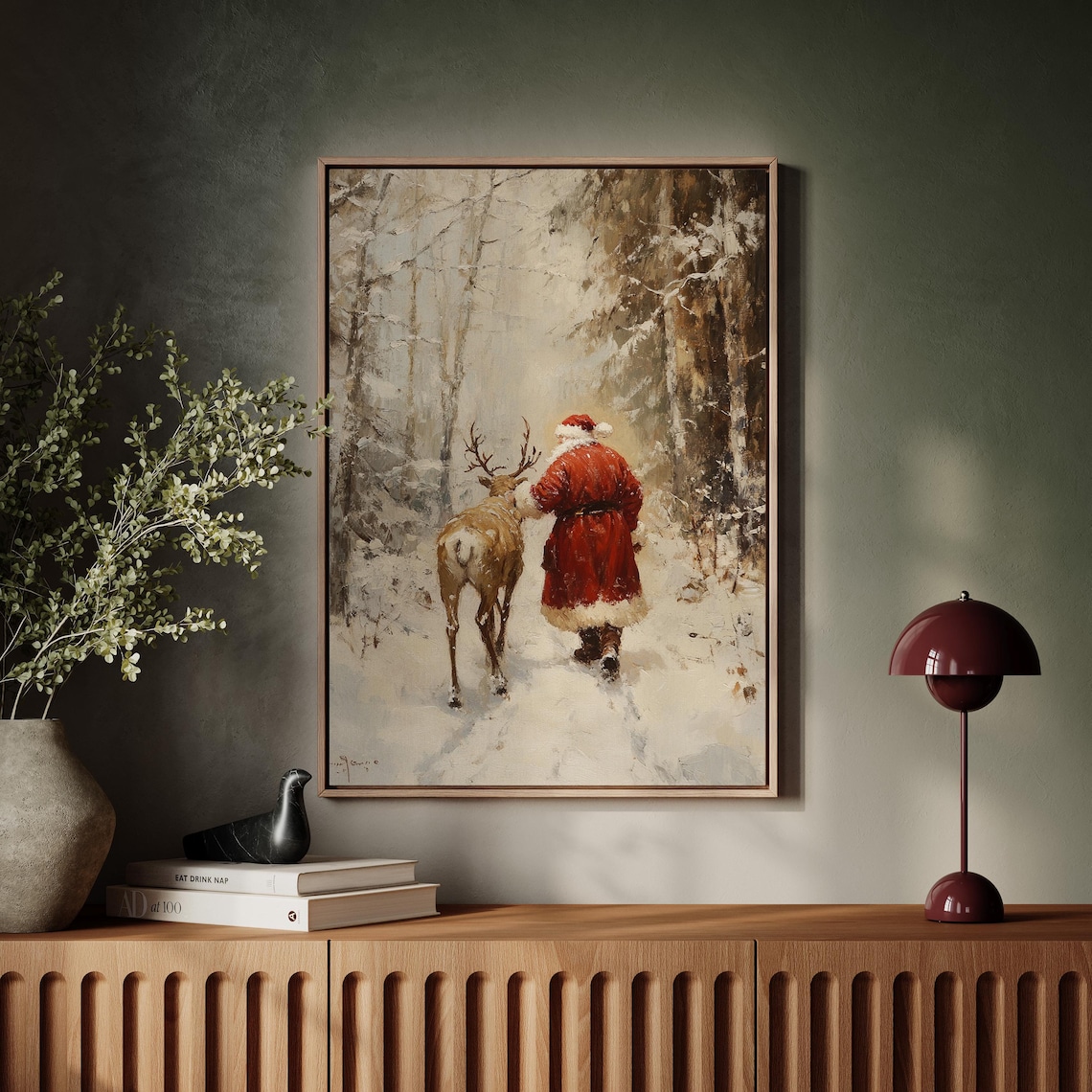 Vintage Christmas Santa Walking With Reindeer, Poster - Image 3