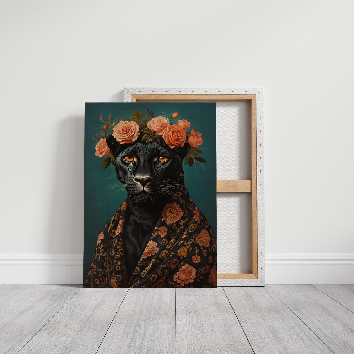 Black Panther With Rose Crown Regal Portrait Teal Luxury Art Poster - Image 3