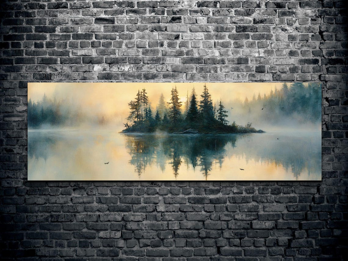 Golden Mist Lake Island Reflection Calm Panoramic Nature Art Poster - Image 2