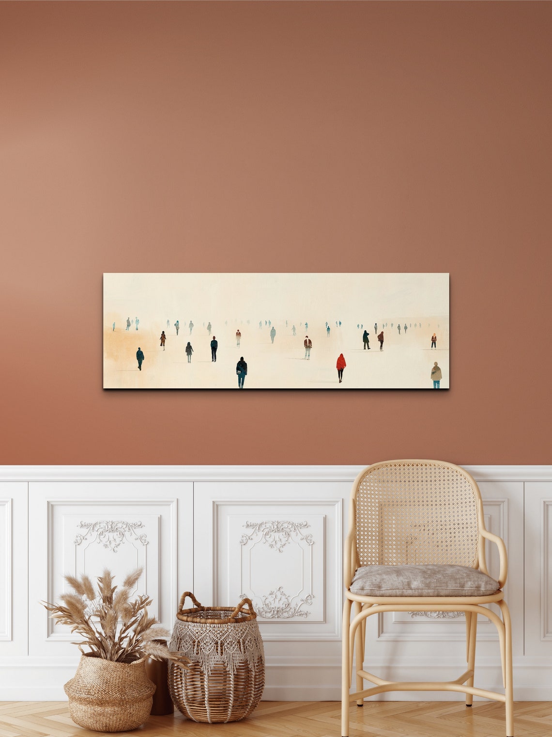 Minimalist Tiny People Walking in Fog Panoramic Neutral Art Poster - Image 4