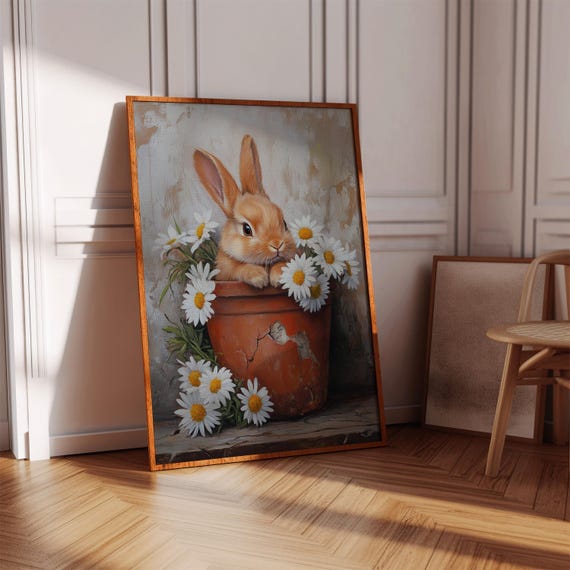 Cute Bunny In Terracotta Pot Canvas Wall Art Rustic Farmhouse Animal Poster Daisies Spring Nursery Decor Vintage Room Print