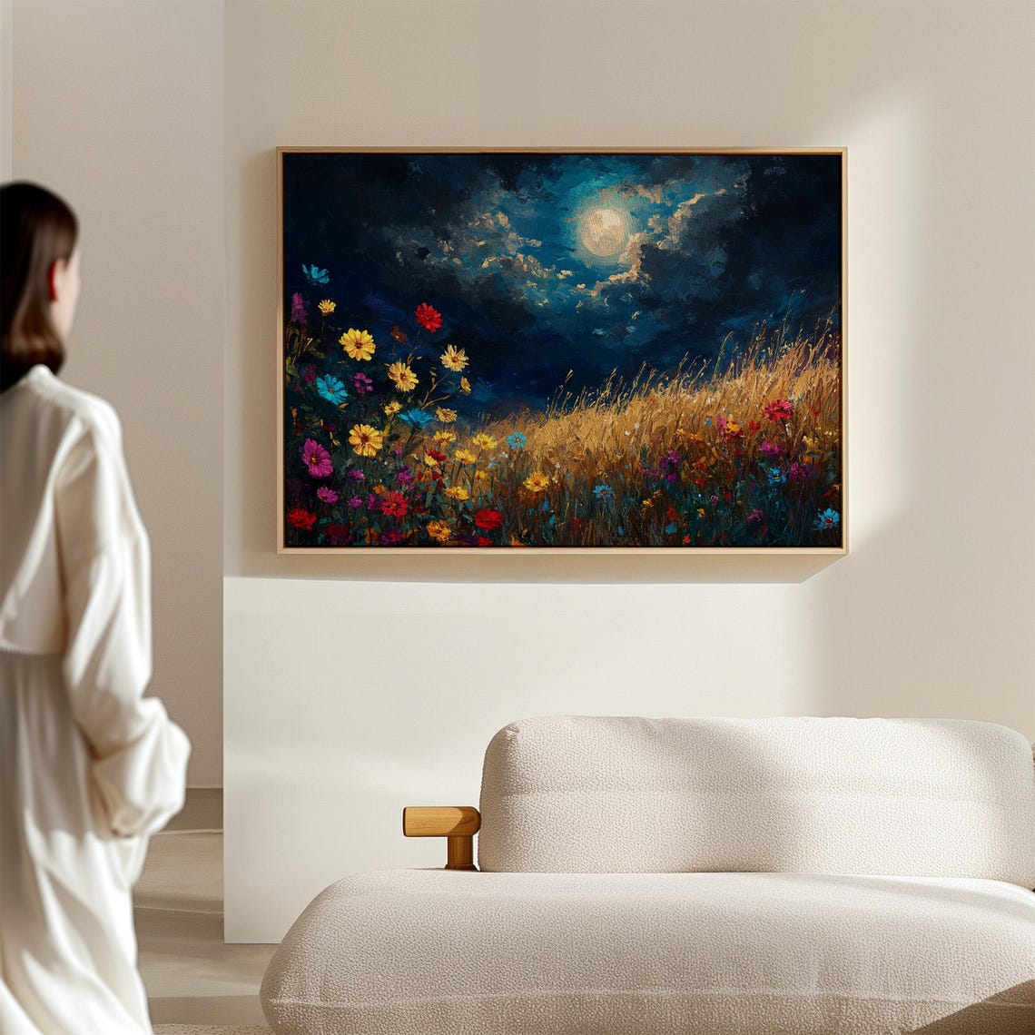 Moonlit Wildflower Meadow Night Sky Full Moon Colorful Oil Poster - Image 7