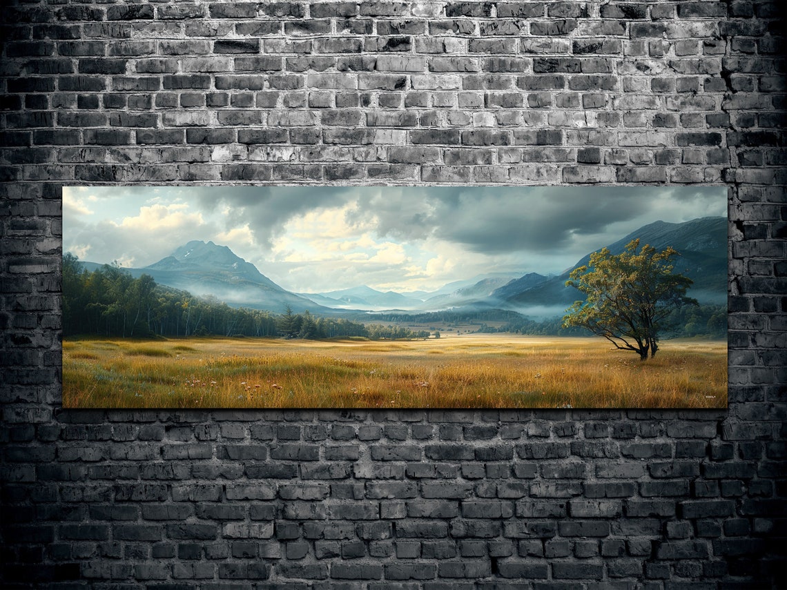 Cloudy Mountain Valley Golden Meadow Lone Tree Landscape Wall Poster - Image 2