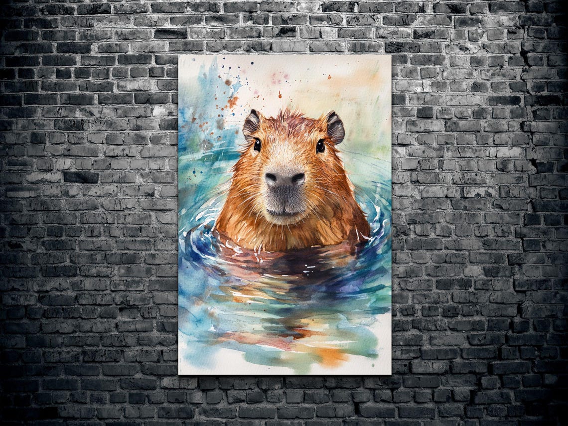 Capybara In Water Cute Watercolor Animal Portrait Art Poster - Image 2