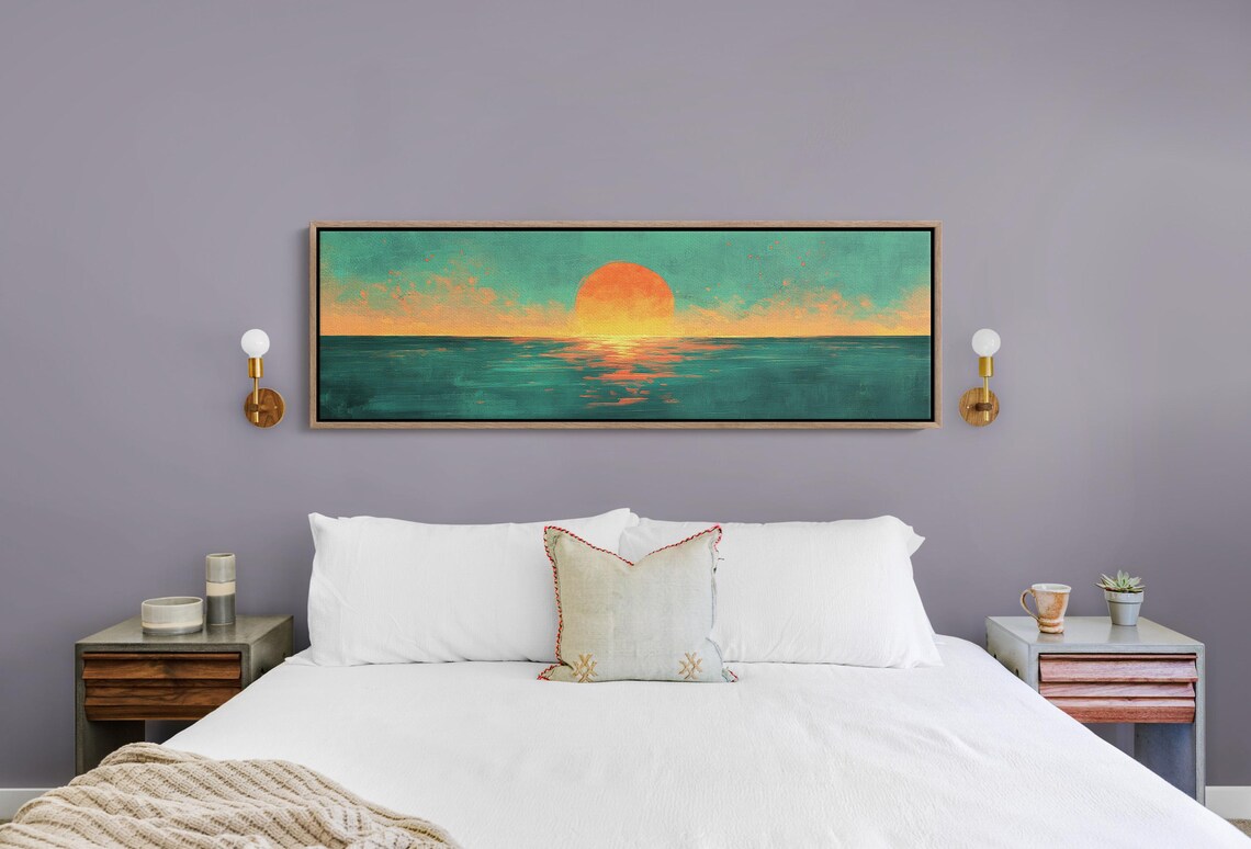 Vibrant Teal And Orange Ocean Sunset Large Sun Horizon Painterly Poster - Image 5