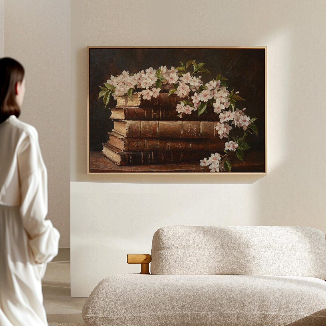 Antique Books White Blossoms Dark Vintage Floral Library Art Poster