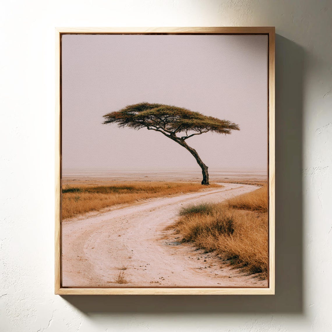 Lone Acacia Tree Over Desert Road Golden Savanna Landscape Art Poster
