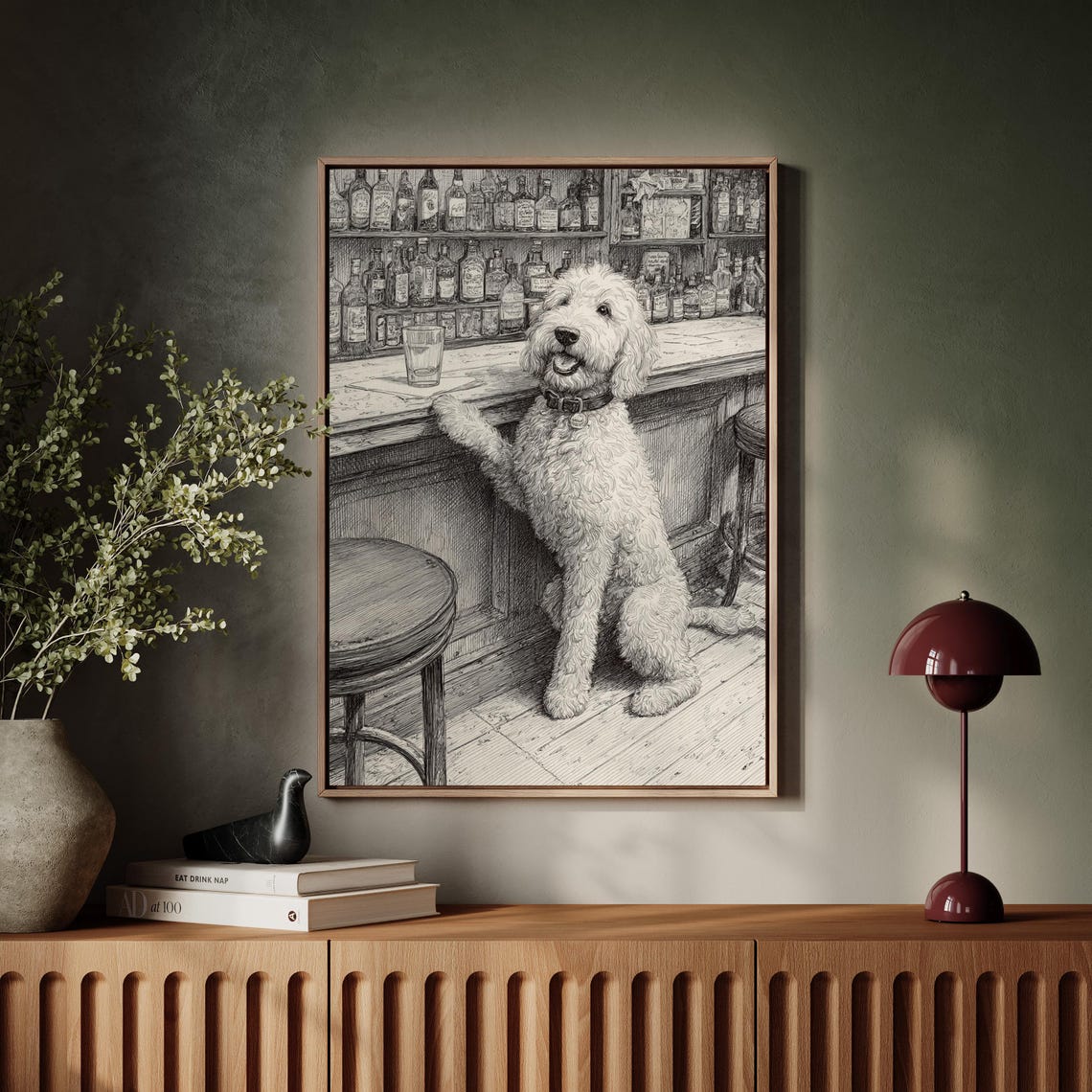 Curly Haired Dog Ordering At Vintage Bar Pencil Sketch Poster