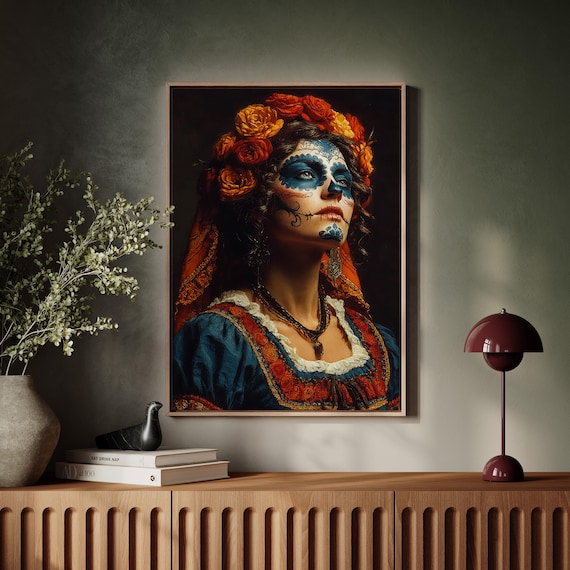Regal Catrina In Blue And Gold Sugar Skull Portrait Art Poster
