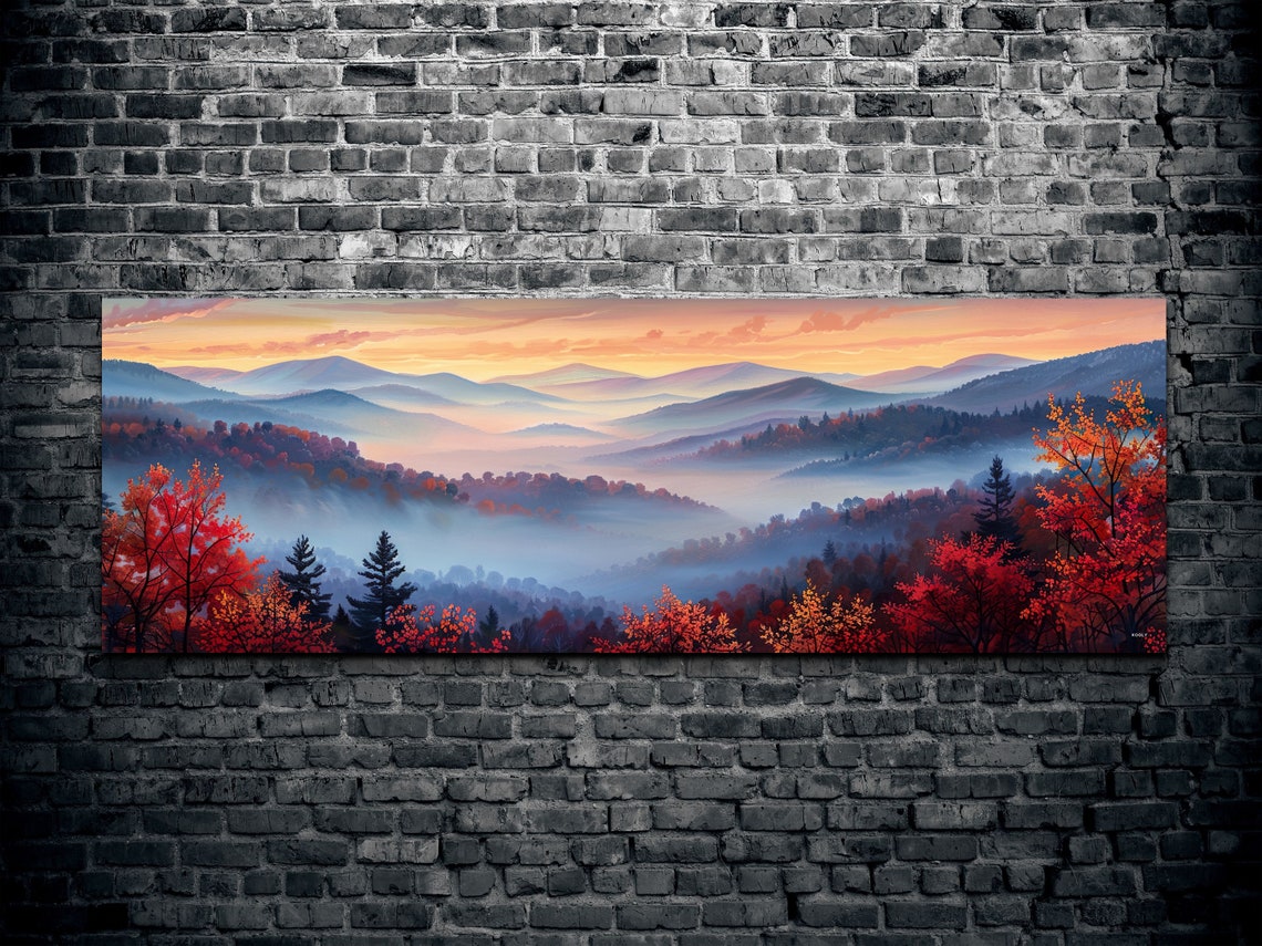 Foggy Mountain Valley Misty Fall Foliage Panoramic Landscape Wall Art - Image 2