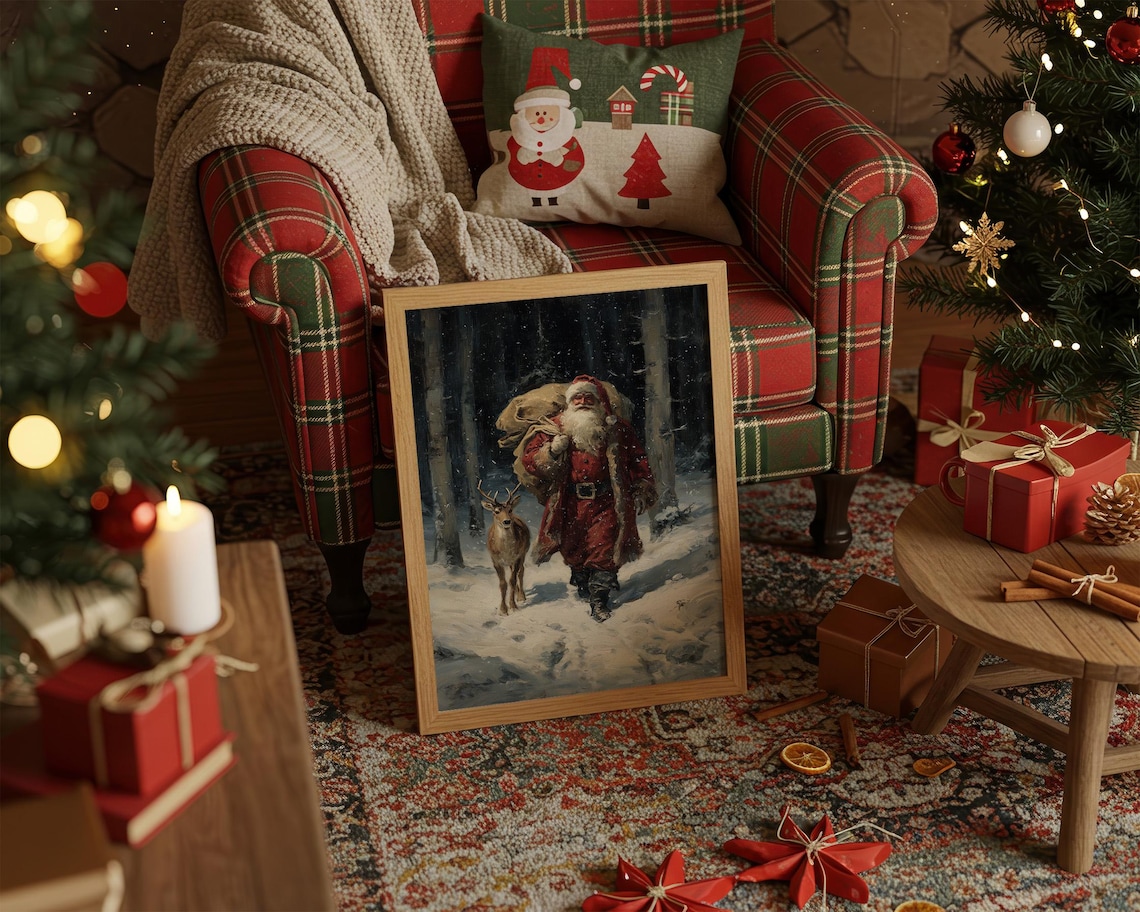 Santa Walking With Reindeer In Snowy Forest Art Print