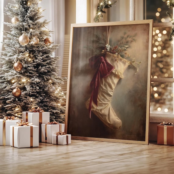 Vintage Christmas Stocking With Burgundy Bow Rustic Holiday Painting Poster