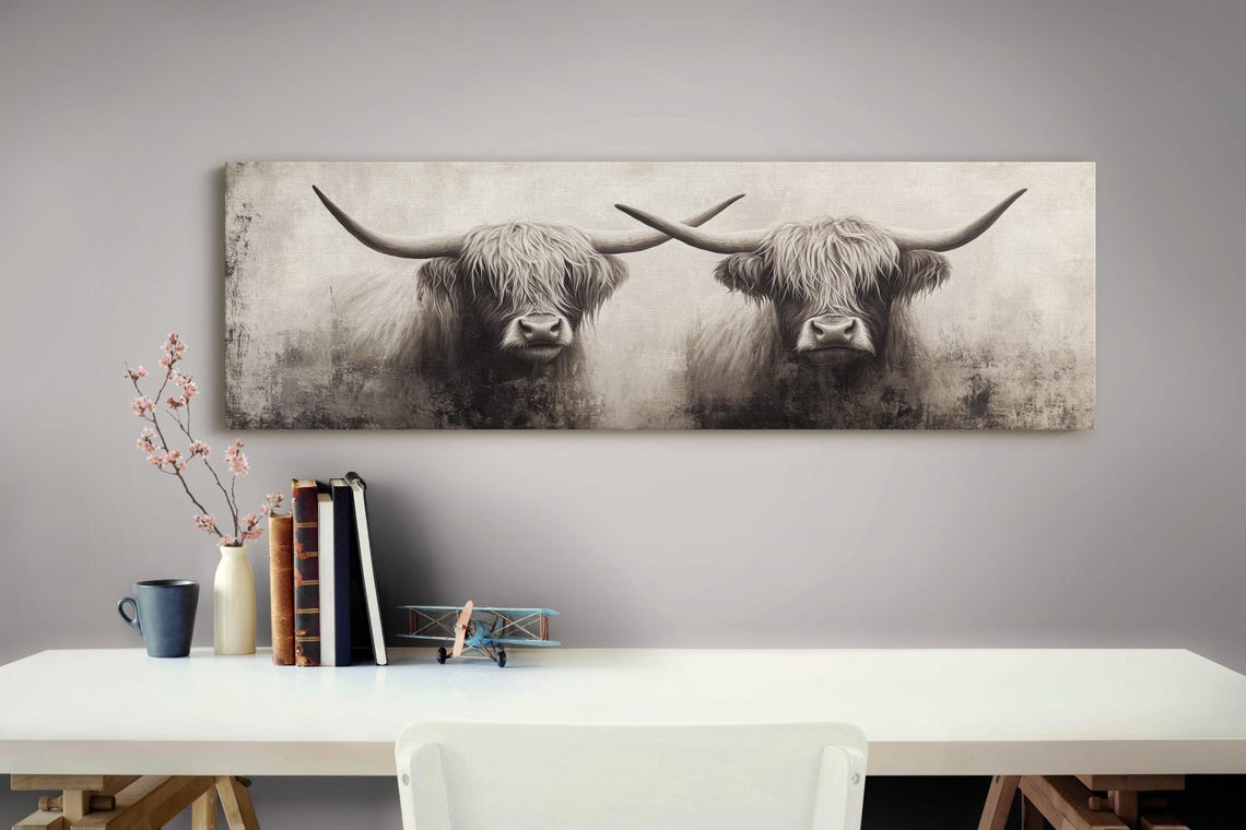 Highland Cow Pair Black And White Rustic Farmhouse Animal Poster