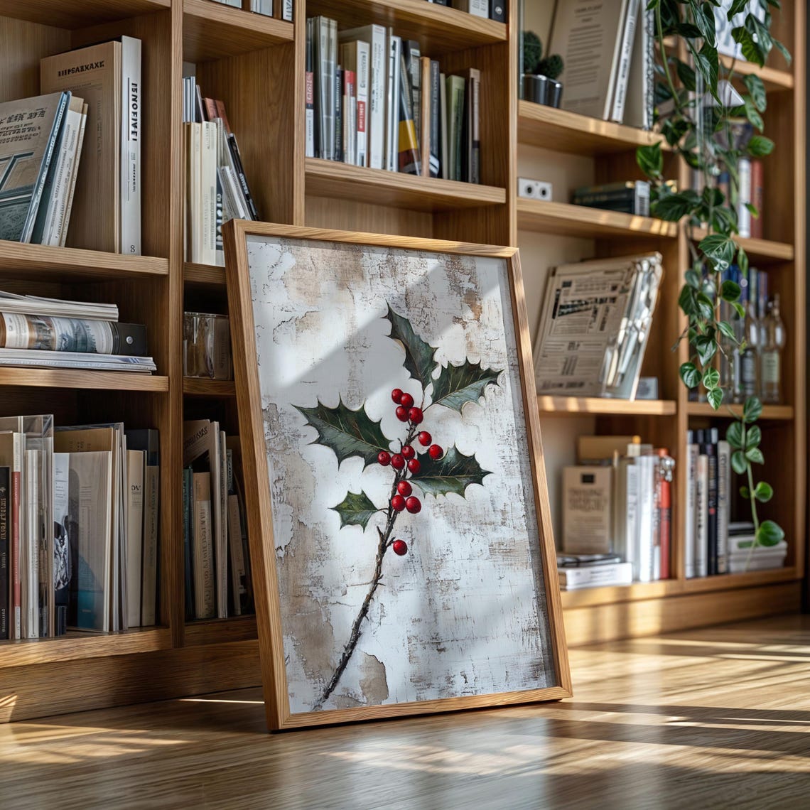 Vintage Holly Berry Sprig With Red Berries Christmas Art Poster