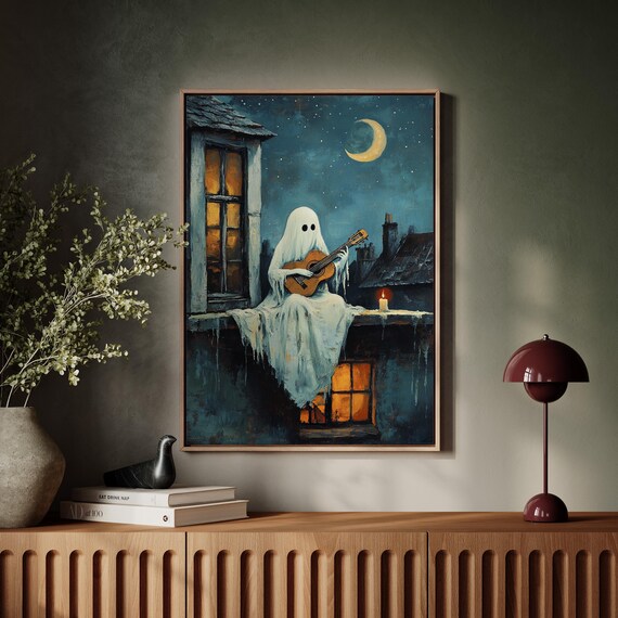 Cute Ghost Playing Guitar on a Rooftop Under Crescent Moon Poster
